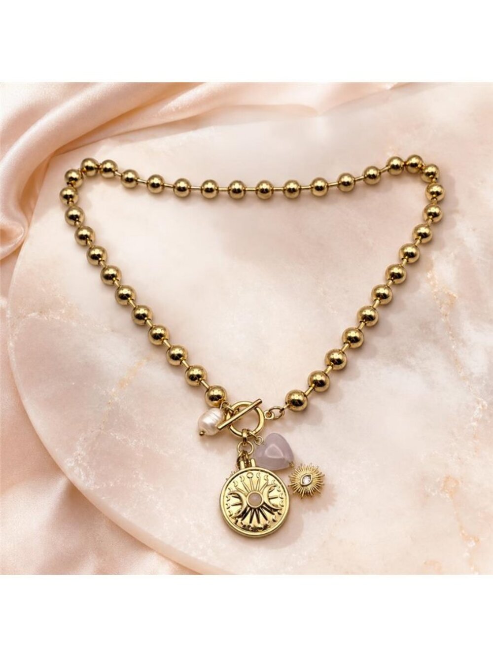 Gold Tone Rose Quartz Pearl Celestial Sun Moon Eye Charm Necklace 18 in - Picture 1 of 8